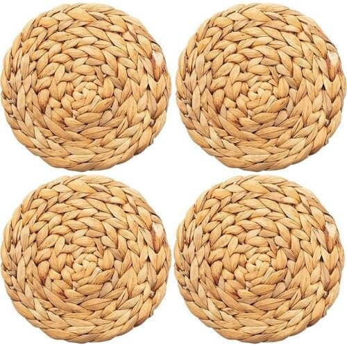 4 Pieces Water Hyacinth Woven Placemats 7 Inch Round Braided Rattan Tablemats Heat-Resistant Handmade Straw Woven