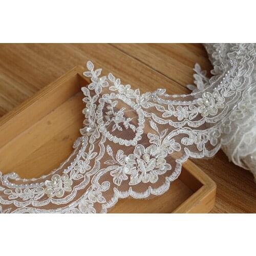 Ivory Alencon Lace Trim High Quality Hand Made Beaded Sequined Wedding Lace Trim Embroidered Retro Lace Bridal 6.3'' Wide 1yard