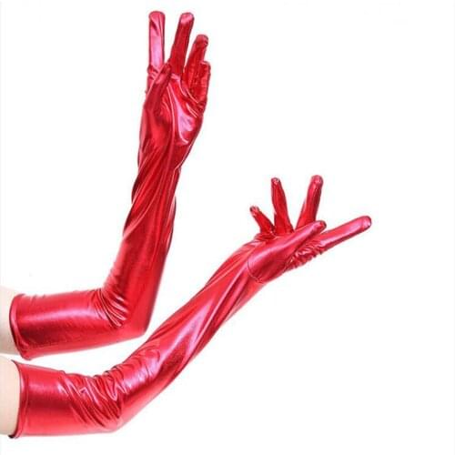 Free shipping Shiny black / red elbow length faux leather pvc glove fancy dress one size