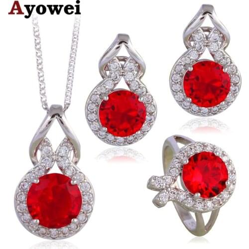Hot Sell Royal Garnet Design Silver Stamped Red Zirconia Fashion Jewelry Set Clip Earrings Necklace Ring for Women JS629A
