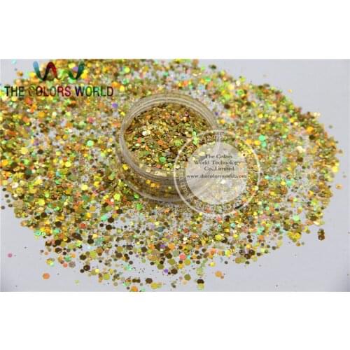 H21514-145 Holographic Gold Color Mix Size Glitter Hex Spangles for Nail Polish Acrylic,DIY supplies1pack=50g