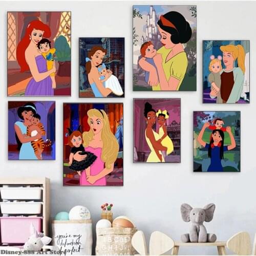 Canvas Painting Disney Cartoon Princess Beauty Parent-child Posters and Print Wall Art Pictures for Kids Room Decoration Cuadros