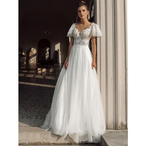 Boho V Neck Tulle Cap Short Sleeves Wedding Dress Lace Beach Transparent Back Plus Size Princess 2021 Bridal Gown Custom Made