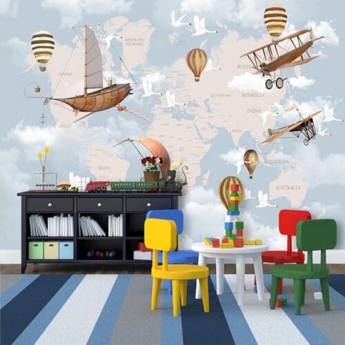 Bacaz World Map&Glider&Fire Ballon&Airship 3d Cartoon Wallpaper Mural for Child Baby Room 3d Cartoon Sticker 3d Mural Wall paper