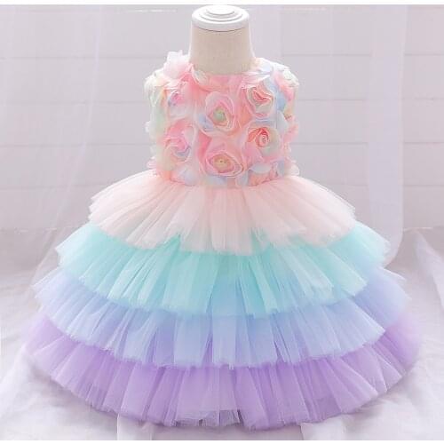 2021 New Rainbow Three-dimensional Petals Color Mesh Cake Dress Princess Skirt Sleeveless Dress Dress