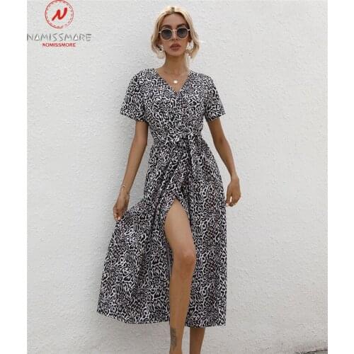 Fashion Women Summer Print A-Line Dress High Split Design Bandage Decor V-Neck Short Sleeve Mid Waist Slim Long Dress