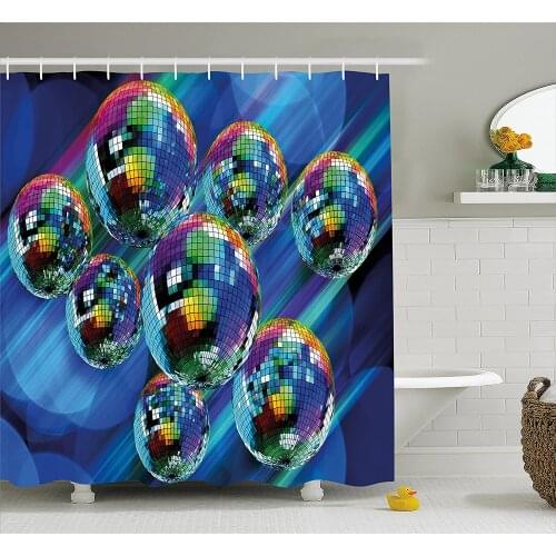 70s Party Decorations Shower Curtain Colorful Funky Vibrant Disco Balls Abstract Night Club Dancing Theme Bath Curtains