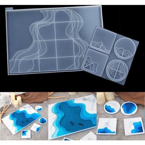 River Terraced Square Round Coaster Base Silicone Molds Ocean Style Rectangle UV Tray Epoxy Resin Mold For DIY Home Decor Crafts