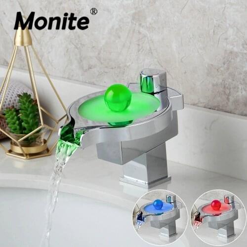 Monite Led Changing Basin Faucet Water Mixer Tap Chrome Brass Waterfall Bathroom Basin Sink Faucet Night Pearl Control Handle