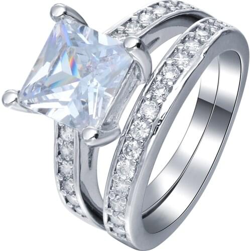 Vintage silver plated promise Rings sets new fashion large square zircon jewelry gift princess zircon Engagement Ring for women