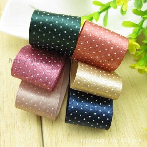 High Quality 25mm Single Face DIY Manual Colours Satin Ribbon Dots Polyseter Ribbon Bowknot Hair accessories 10M/Lot
