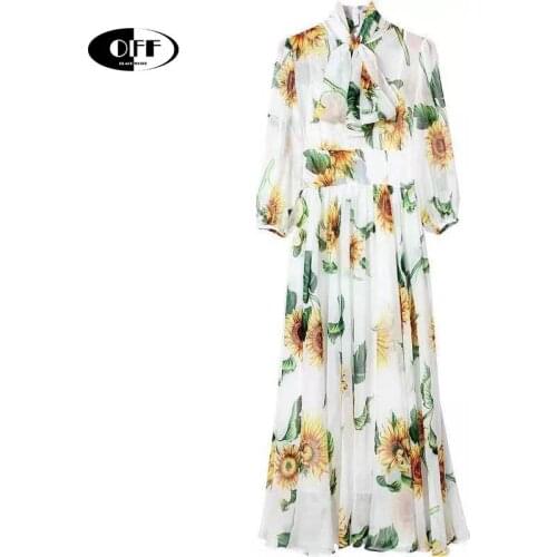 Designer runway beach boho madi dress with sunflower floral pattern bow elegant plus size 2XL summer goblincore dresses women ZA