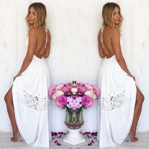 Halter Side split Sexy Beach dress Women Backless beach dresses sexy long dress cotton Beach maxi dress White female vestidos