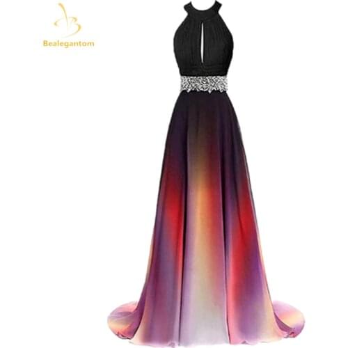 Bealegantom Halter Gradient Blue Red Chiffon Evening Dresses 2021 With Sequin Long Ombre Formal Prom Party Gown For Women QA1588