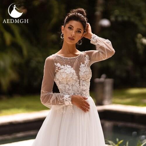 Aedmgh A-Line Beach Wedding Dresses 2021 O-Neck Long Sleeve Tulle Robe De Mariee Lace Appliques Beaded Illusion Vestido De Novia