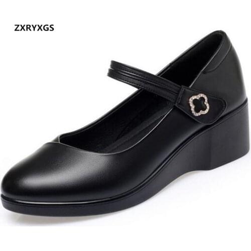 ZXRYXGS 2021 Autumn Genuine Leather Rhinestone Mother Shoes Black High Heels Wedges Large Size Non-slip Trendy Shoes Woman Shoes