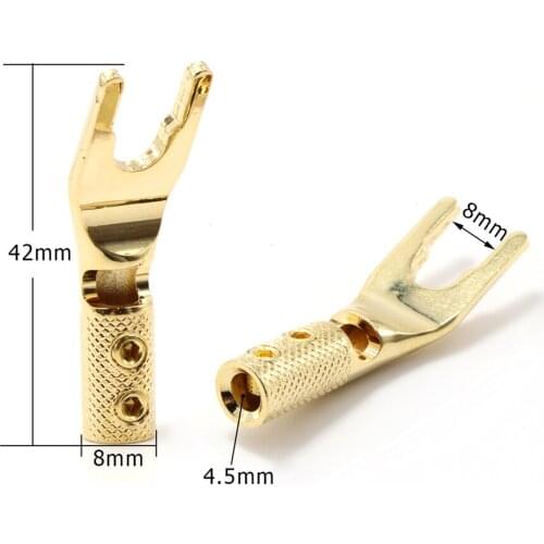 8 PCS Audio red copper/ pure copper Gold(Rhodium) Plated Spade-Plug, audio Speaker 9mm Cable Connector Y Spade terminal