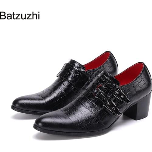 Batzuzhi Fashion Men Shoes Luxury Handmade Formal Leather Dress Shoes Men Buckles 7cm Heels High Party and Wedding Shoes, 38-46
