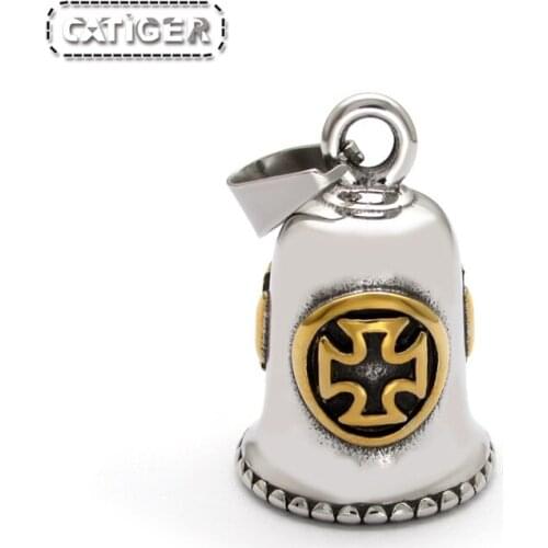 Free Shipping Vintage 316L Stainless Steel Silver color Golden Plated Cross Bell Biker Motorcycle High Polish Pendant Necklace
