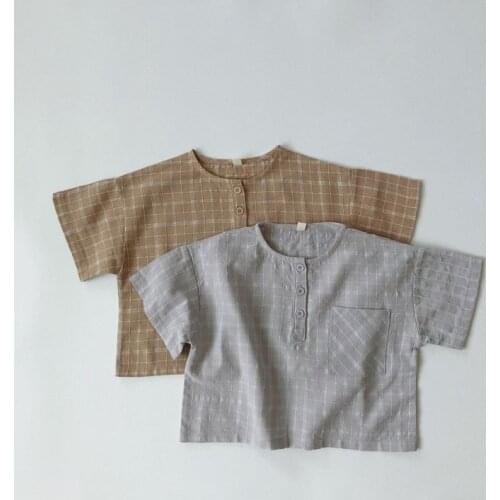 Kids Shirts New Fashion Baby Boys Girls Loose Shirt Summer Plaid Short Sleeve O-neck Blouse Children Cotton Thin Casual Tops