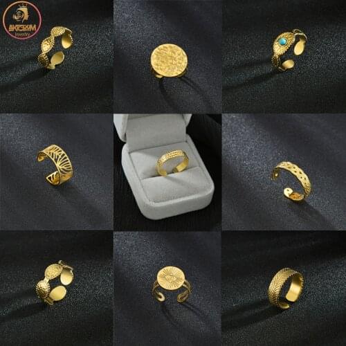 Akizoom 14K Gold Ring Stainless Steel Hand Circle Malachite Adjustable Classic Fashion Ring for Women Wedding Party Jewelry Gift