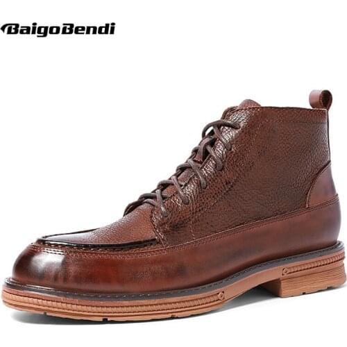 Hight End Boots Men Genuine Leather Boots Lace Up Round Toe Winter Boots Business Man Oxfords