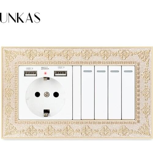 UNKAS 4D Zinc Alloy Metal Panel EU Socket Dual USB Port Soft LED + 4 Gang 1 / 2 Way On / Off Light Switch Embossing Retro Frame