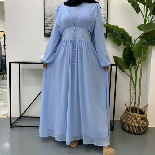 Summer Women Long Maxi Lined Pleats Dress Chiffon Full Ballon Sleeves Wide Waistband Buttoned Front Elegant Muslim Robe Abaya