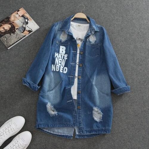 Plus Size S-9XL Denim Jackets Women Outerwear Hole Long Sleeve Autumn New Long Jean Jacket Female Loose Letter Print Jeans Coat