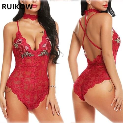 RUIKOW One PCS Summer Women Lace Lingerie Sexy Floral Embroidery Bodysuit Underwear Set with Neck Loop Female Nightwear S-2XL