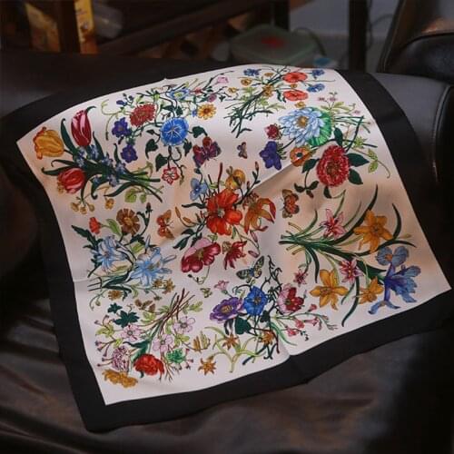 100% Silk Scarf Womens White Bandana Floral Print Kerchief Butterfly Square Scarves Fashion Headband Office Soft Scarf 55x55cm