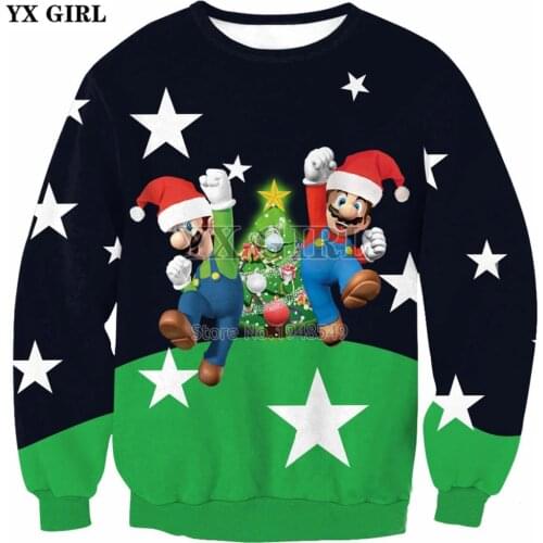 YX GIRL Drop shipping 2018 New Fashion Long sleeve Sweatshirt Christmas Mario cartoon Print 3d Mens Womens Casual pullover