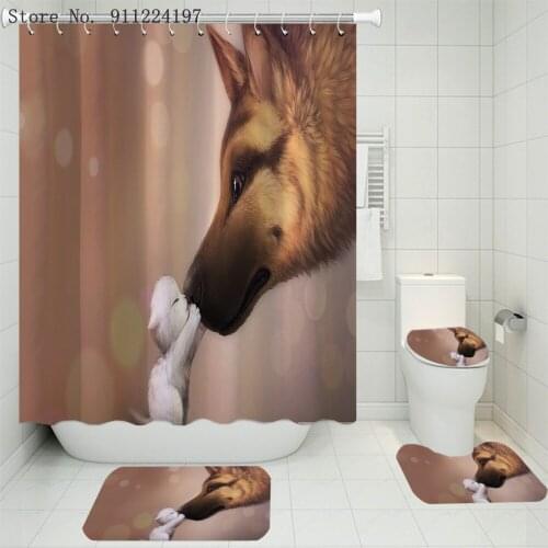 Cute Kitten 4 Pieces Animal Rabbit Fox Waterproof Bathroom Shower Curtain Anti-Slip Toilet Mats Set Bath Mat Set Easy Cleaning