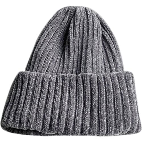 Women Winter Double Layer Thicken Chenille Velvet Beanie Hat Ribbed Knitted Simple Solid Color Warm Cuffed Skull Cap