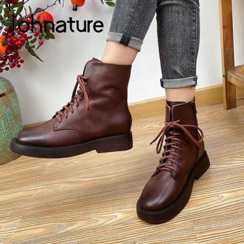 Johnature Winter Women Boots Genuine Leather Round Toe 2020 New Women Shoes Zip Flat With Lace-up Handmade Ankle Platform Boots
