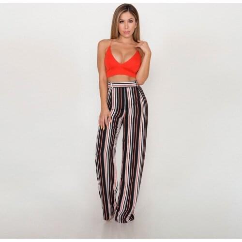 2021 Casual Fitness Women Fashion Office Beige Pants Chic Button Zip Elegant Pink Casual Woman Pants Sexy Wide Leg Striped Pants
