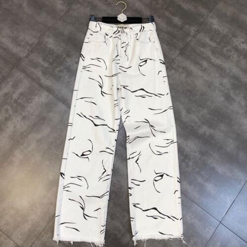 ZCSMLL 2021 Summer Autumn Irregular Painted Ripple Ruffled Old Country Trend Cool Street Straight pants women Trend