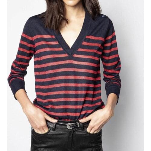 Womens V-Neck Stripes Knitted Sweaters Top 2021 Autumn Winter Long Sleeve Ladies Fashion Shoulder Buttons Jumper Pullover Tops