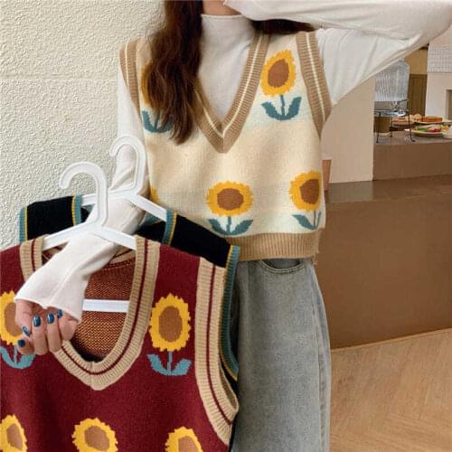 Women Knitted Vest Y2k Top Vintage Crop Top Print Preppy Sweaters Spring Autumn Tank Flower V-Neck Aesthetic Fall Harajuku Teen