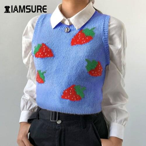 IAMSURE Preppy Style Strawberry Knitted Sweater Vest For Women Streetwear Fashion Casual O-Neck Cute Female 90s Vest Kawaii Tops