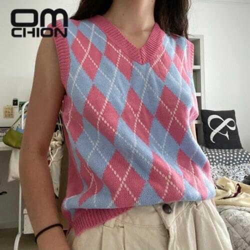 OMCHION Sweater Vest Women Preppy Style Plaid Knitted Sweater V-Neck Oversize Sleeveless Korean Style Harajuku Sweater BN33