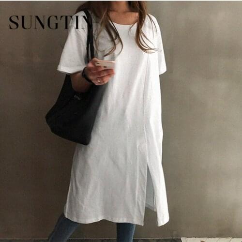 Sungtin Linen White Split Loose Dress for Women Soft Vintage Solid O Neck Dress Female Comfortable High Quality Korean Vestidos