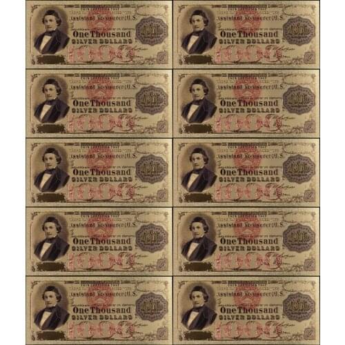 10Pcs/Lot Colorful USA Banknotes 1000 Dollar Bank Note In 24K Gold Plated for Gifts Souvenirs, Collectibles Free Shipping