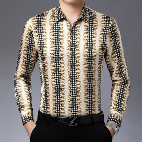 97% Real Natural Silk 3% Spandex High End Printed Luxury Shirts For Mens Stretch Comfortable Big Size Blouse Dinner Party Wear
