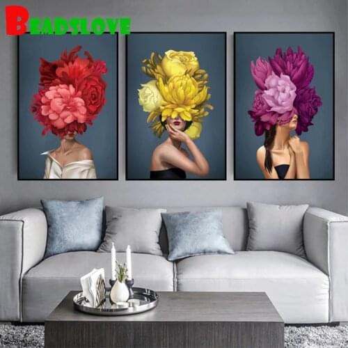 Triptych Diamond Painting Full Square Round Diamond Embroidery Abstract Peony Flowers Girls DIY Diamond Mosaic