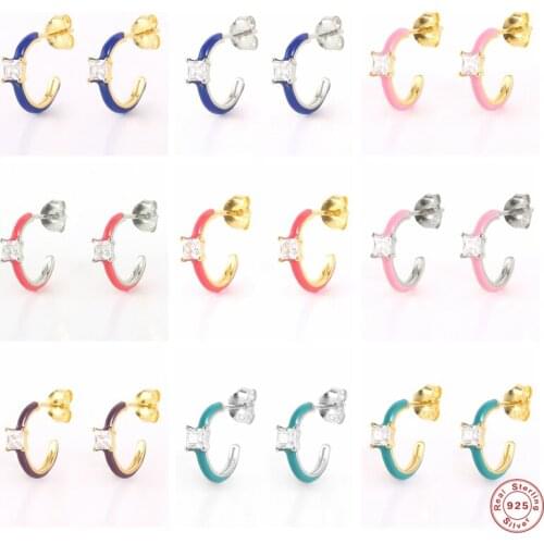 BOAKO 925 Sterling Silver Colored Enamel Square Zircon Opening Circle Hoop Earrings For Women Luxury C Shape Earrings Jewelry