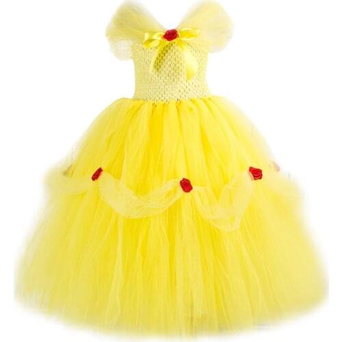 Beauty Belle Princess Costume for Girls Long Floor Fancy Dresses Christmas Halloween Costumes for Kids Tulle Outfit Yellow 1-12Y