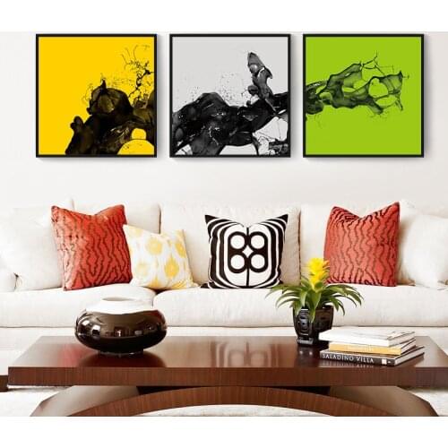 HAOCHU 3 Panel Yellow Green Grey Background Visual Impact Abstract Poster Combined Canvas Painting Unique Wall Art Home Decor