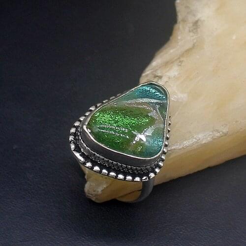 Hermosa Jewelry Vintage Rare Stylish Dichroic Glass Silver Color Wedding Charms Band Ring For Women Men Size 8 FQ162