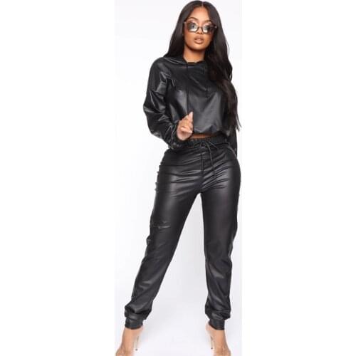 Two Piece Set Hooded Tracksuit Faux Pu Leather Suit Jogger Pants Women Crop Top Female 2 Piece Set Lounge Wear Outfit Streetwear